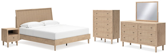 Cielden King Panel Bed with Mirrored Dresser, Chest and Nightstand
