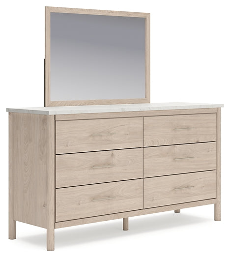 Cadmori Queen Upholstered Panel Bed with Mirrored Dresser, Chest and Nightstand