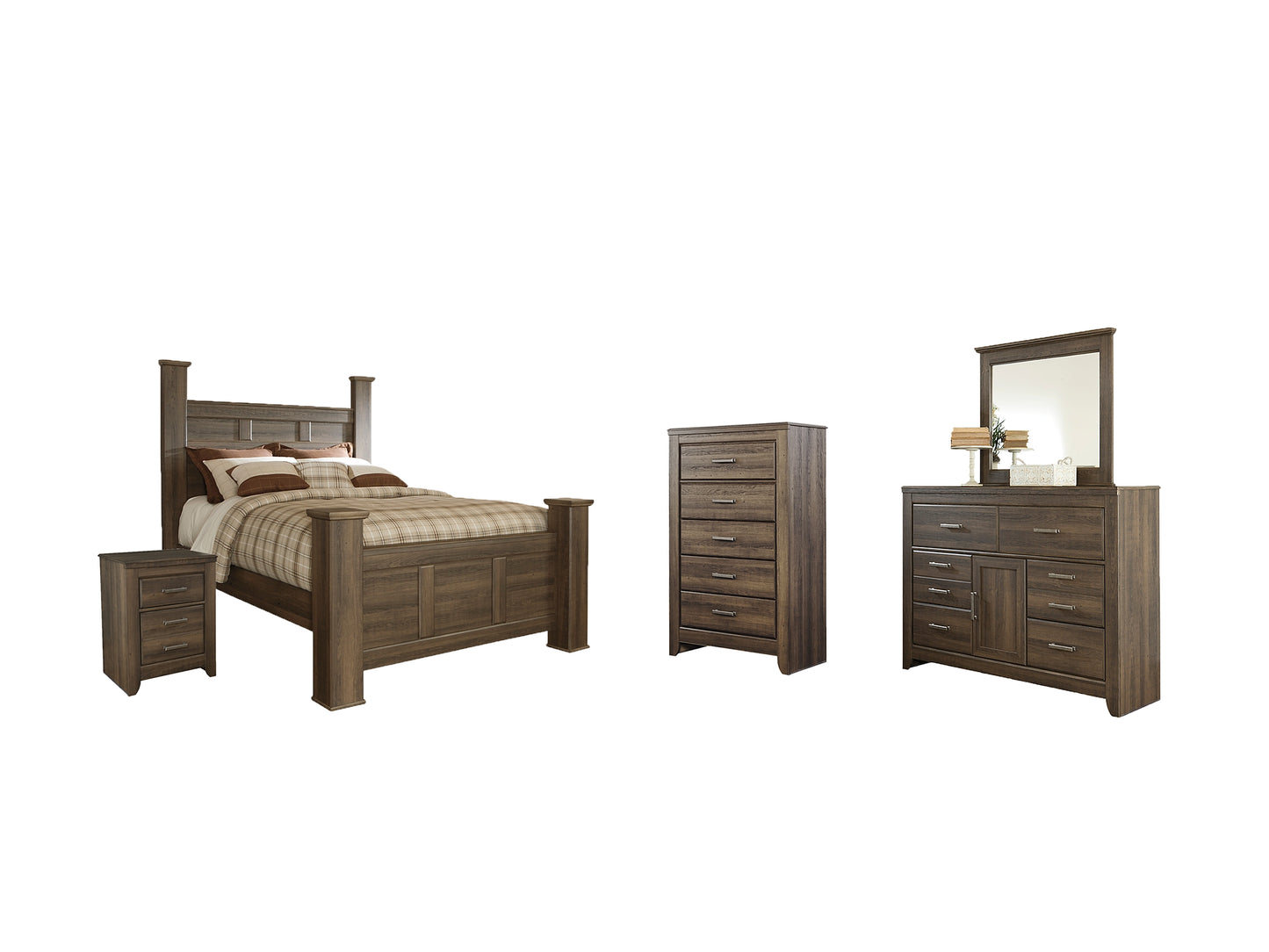 Juararo Queen Poster Bed with Mirrored Dresser, Chest and Nightstand